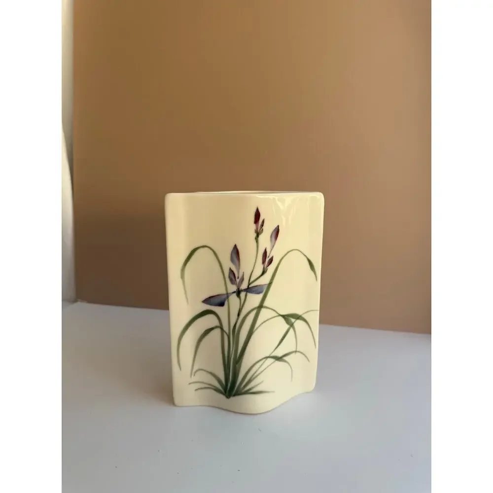 Signed Studio Pottery Vase | Purple Iris Art  Hand Painted Floral Vase Botanical